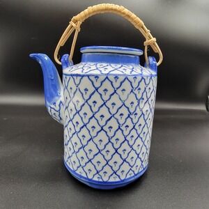 Blue & White Porcelain Floral Patterned Thai Teapot With A Bamboo Handle & Lid